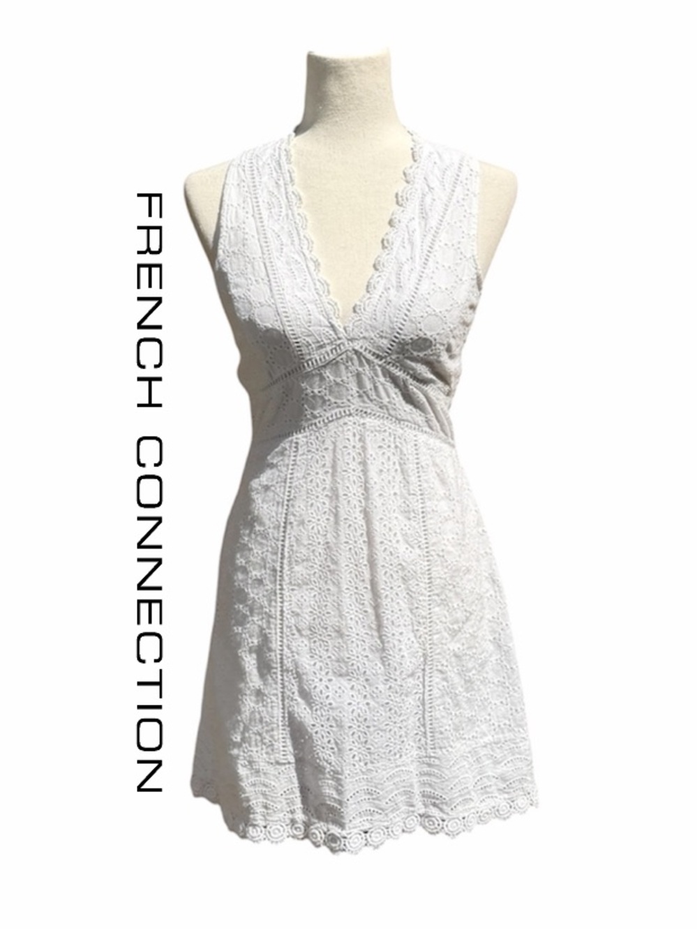 French Connection 100% cotton White Lace eyelet V-Neck Mini Sun Dress 2
